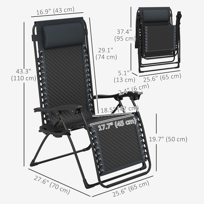 Wicker Folding Lounge Chair with Adjustable Backrest, Rattan Recliner Chair with Headrest & Side Table Tray, Black