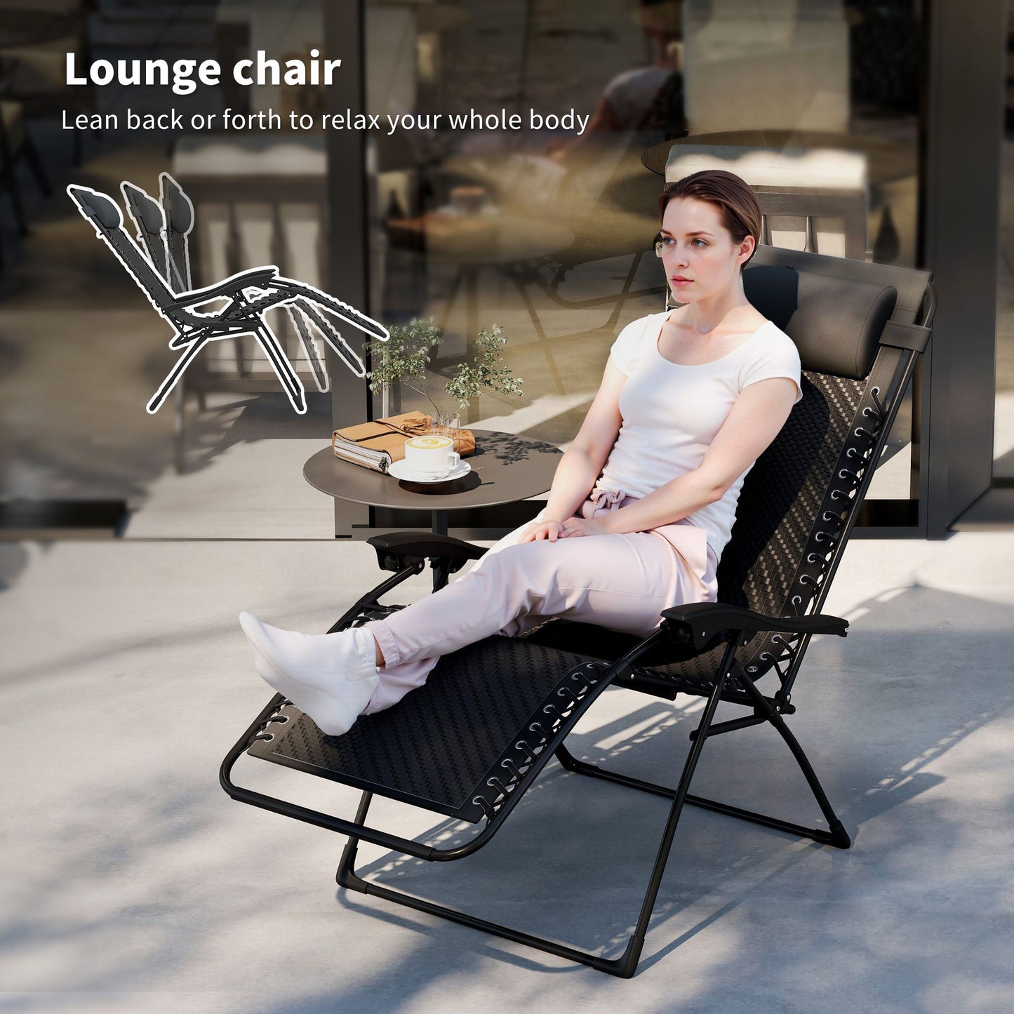 Wicker Folding Lounge Chair with Adjustable Backrest, Rattan Recliner Chair with Headrest & Side Table Tray, Black