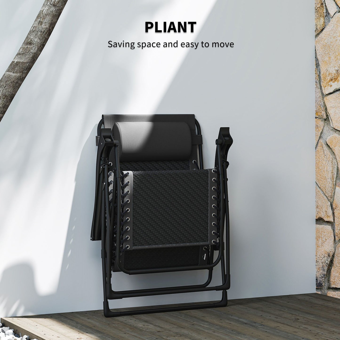 Wicker Folding Lounge Chair with Adjustable Backrest, Rattan Recliner Chair with Headrest & Side Table Tray, Black
