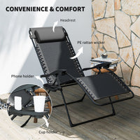 Wicker Folding Lounge Chair with Adjustable Backrest, Rattan Recliner Chair with Headrest & Side Table Tray, Black