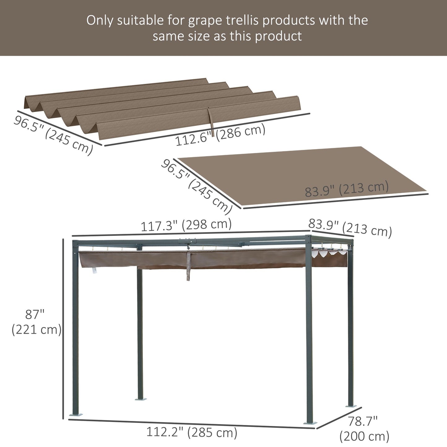 Pergola Canopy, Retractable Sun Shade Cover for 10' x 7' Pergola, UV30+ Protected, Coffee