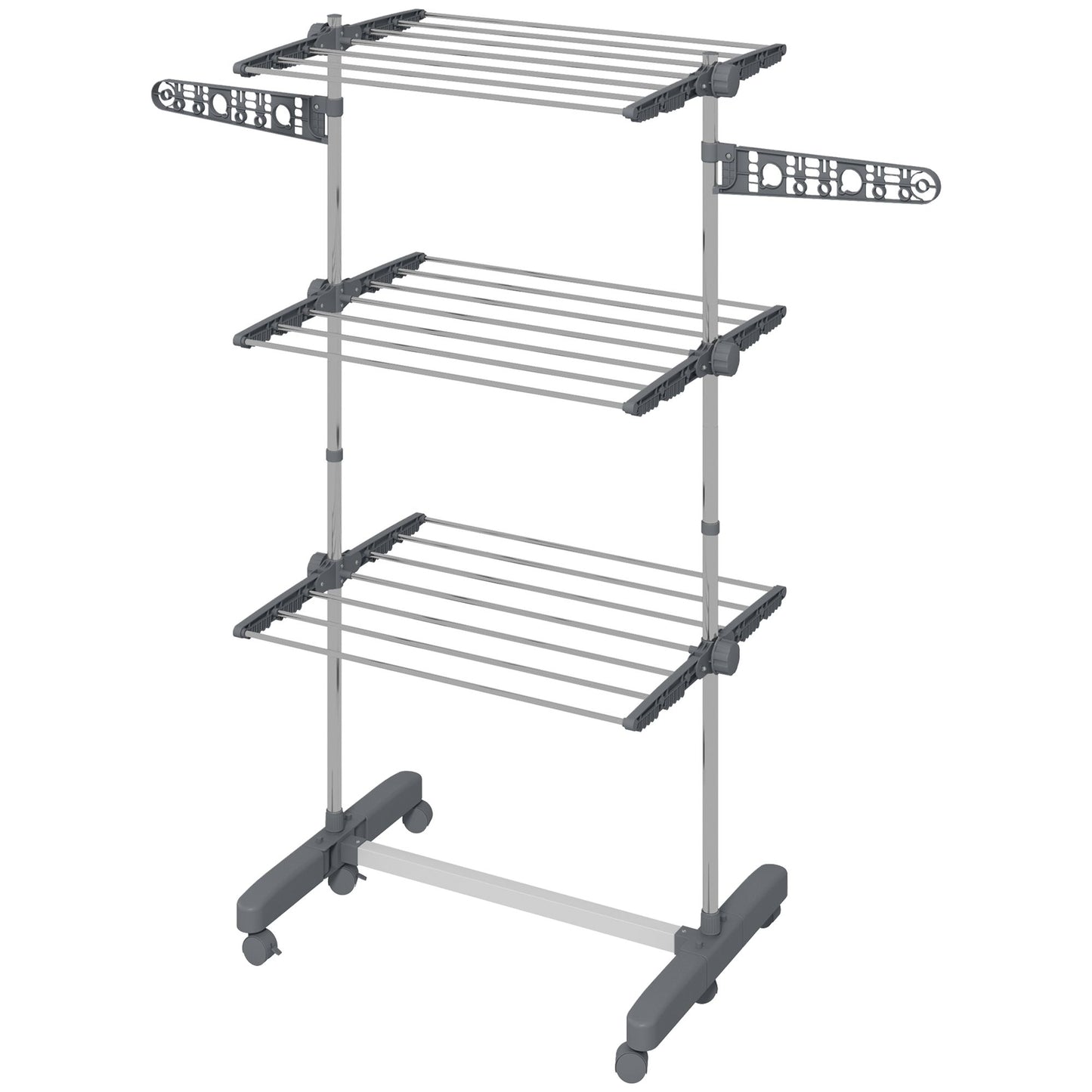 3-Tier Foldable Clothes Drying Rack, Stainless Steel Laundry Rack with 2 Side Wings and 6 Castors, Collapsible Adjustable Clothes Airer for Indoor Outdoor, Grey