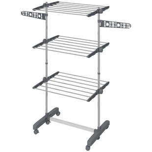 3-Tier Foldable Clothes Drying Rack, Stainless Steel Laundry Rack with 2 Side Wings and 6 Castors, Collapsible Adjustable Clothes Airer for Indoor Outdoor, Grey
