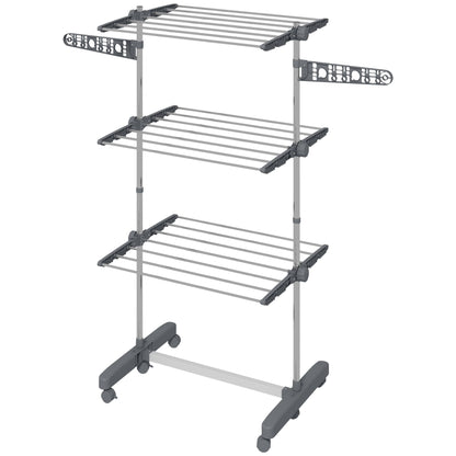 3-Tier Foldable Clothes Drying Rack, Stainless Steel Laundry Rack with 2 Side Wings and 6 Castors, Collapsible Adjustable Clothes Airer for Indoor Outdoor, Grey