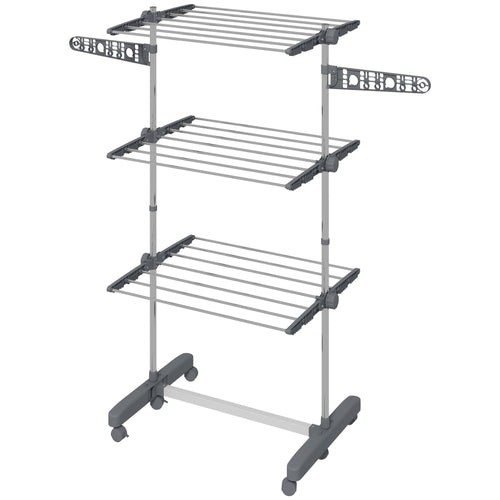 3-Tier Foldable Clothes Drying Rack, Stainless Steel Laundry Rack with 2 Side Wings and 6 Castors, Collapsible Adjustable Clothes Airer for Indoor Outdoor, Grey