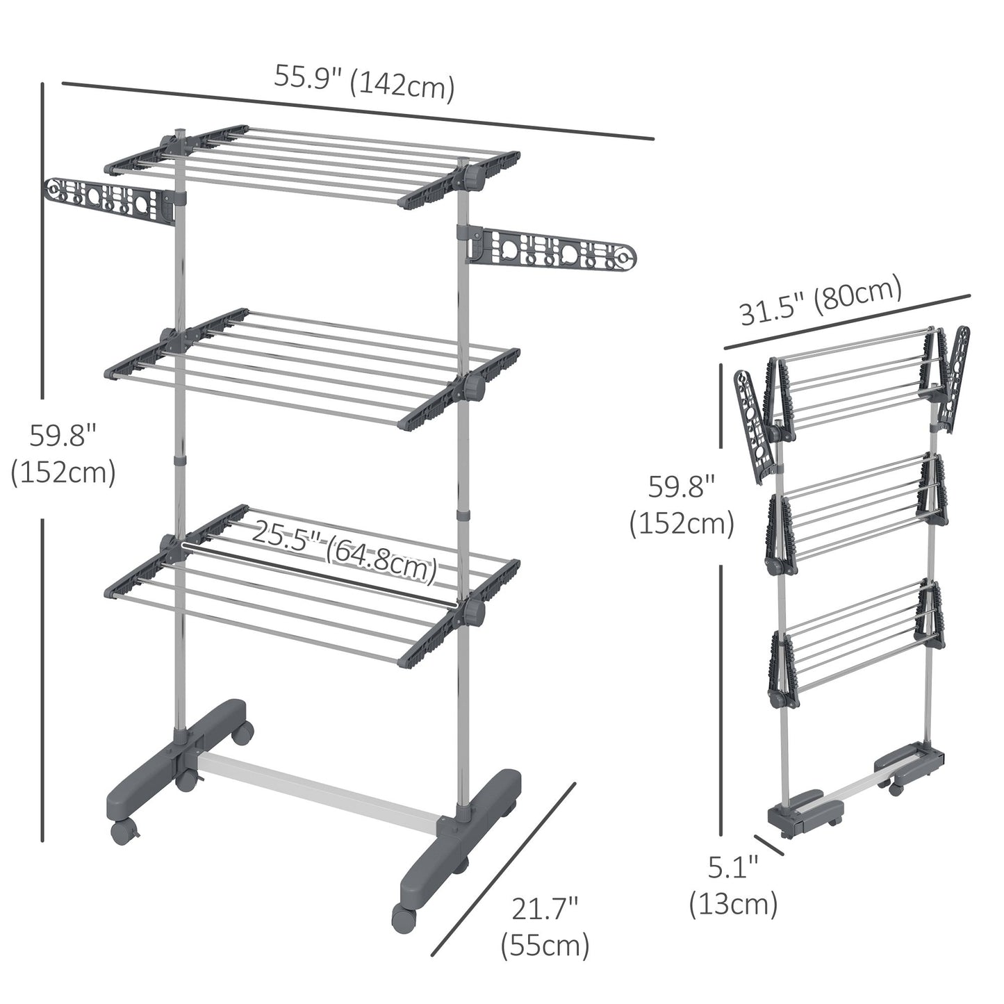 3-Tier Foldable Clothes Drying Rack, Stainless Steel Laundry Rack with 2 Side Wings and 6 Castors, Collapsible Adjustable Clothes Airer for Indoor Outdoor, Grey