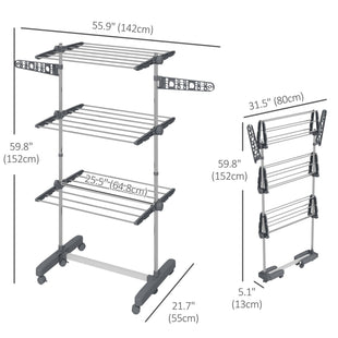 3-Tier Foldable Clothes Drying Rack, Stainless Steel Laundry Rack with 2 Side Wings and 6 Castors, Collapsible Adjustable Clothes Airer for Indoor Outdoor, Grey