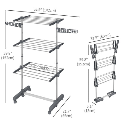 3-Tier Foldable Clothes Drying Rack, Stainless Steel Laundry Rack with 2 Side Wings and 6 Castors, Collapsible Adjustable Clothes Airer for Indoor Outdoor, Grey
