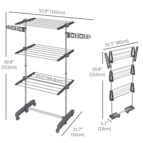 3-Tier Foldable Clothes Drying Rack, Stainless Steel Laundry Rack with 2 Side Wings and 6 Castors, Collapsible Adjustable Clothes Airer for Indoor Outdoor, Grey