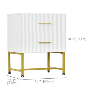 2 Pieces Nightstands with Storage, Modern Bedside Tables with 2 Fluted Drawers and Gold Legs for Bedroom, White