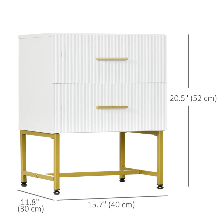 2 Pieces Nightstands with Storage, Modern Bedside Tables with 2 Fluted Drawers and Gold Legs for Bedroom, White
