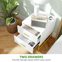 2 Pieces Nightstands with Storage, Modern Bedside Tables with 2 Fluted Drawers and Gold Legs for Bedroom, White
