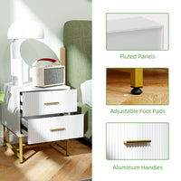 2 Pieces Nightstands with Storage, Modern Bedside Tables with 2 Fluted Drawers and Gold Legs for Bedroom, White