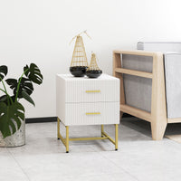 2 Pieces Nightstands with Storage, Modern Bedside Tables with 2 Fluted Drawers and Gold Legs for Bedroom, White