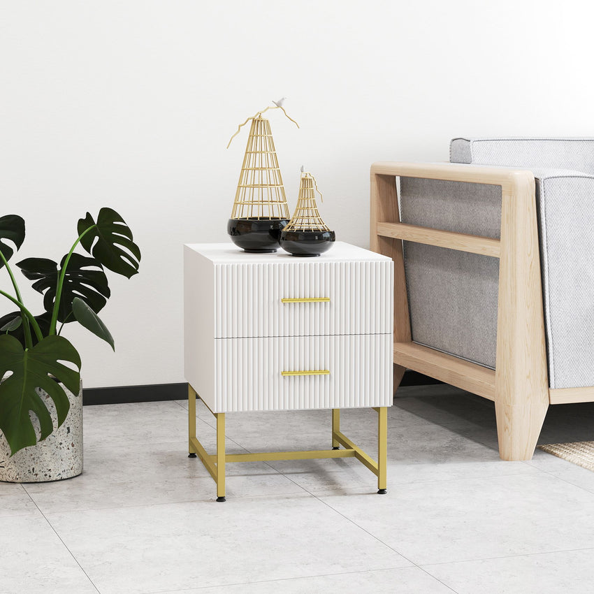 2 Pieces Nightstands with Storage, Modern Bedside Tables with 2 Fluted Drawers and Gold Legs for Bedroom, White