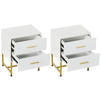 2 Pieces Nightstands with Storage, Modern Bedside Tables with 2 Fluted Drawers and Gold Legs for Bedroom, White