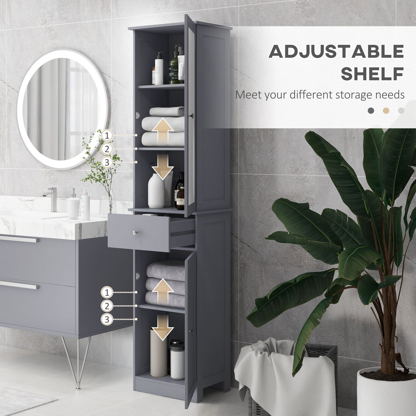 Tall Bathroom Cabinet, Bathroom Storage Cabinet with Drawers, 2 Doors and Adjustable Shelves, Grey