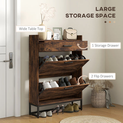 Slim Shoe Storage with 2 Flip Drawers and Adjustable Shelves Shoe Cabinet Organizer for 12 Pair, Rustic Brown