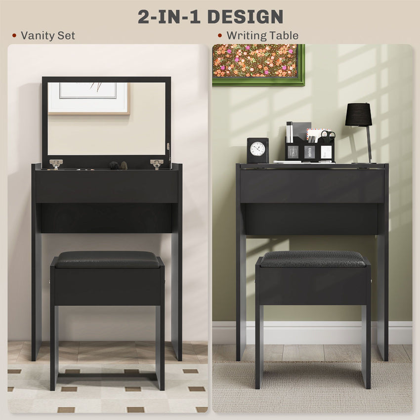 Modern Vanity Set with Makeup Table and Cushioned Stool, Dressing Table with Flip Top and Mirror for Bedroom, Black