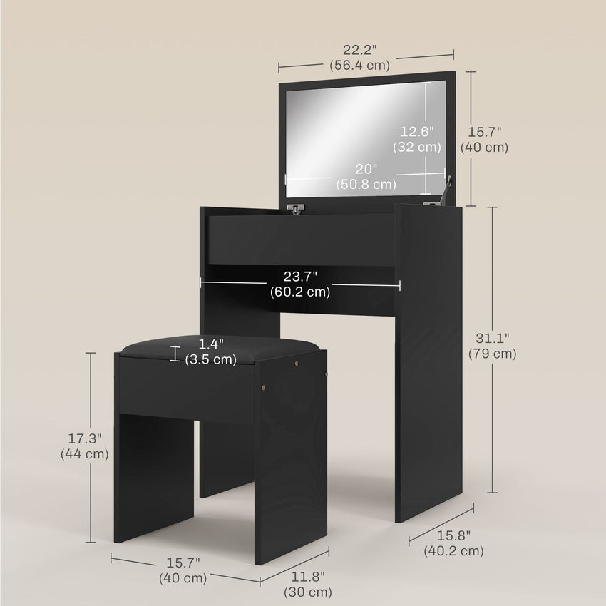 Modern Vanity Set with Makeup Table and Cushioned Stool, Dressing Table with Flip Top and Mirror for Bedroom, Black