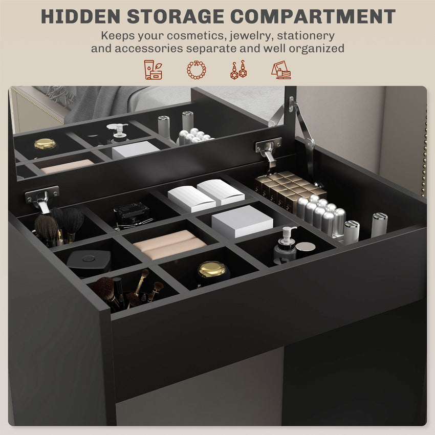 Modern Vanity Set with Makeup Table and Cushioned Stool, Dressing Table with Flip Top and Mirror for Bedroom, Black