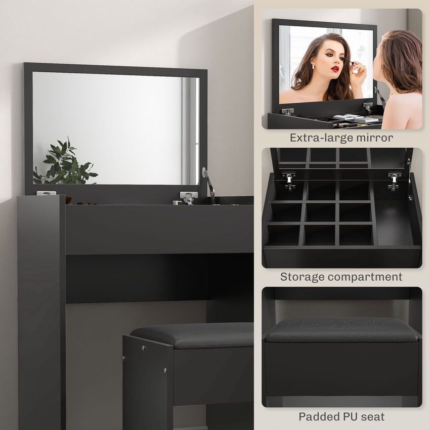 Modern Vanity Set with Makeup Table and Cushioned Stool, Dressing Table with Flip Top and Mirror for Bedroom, Black