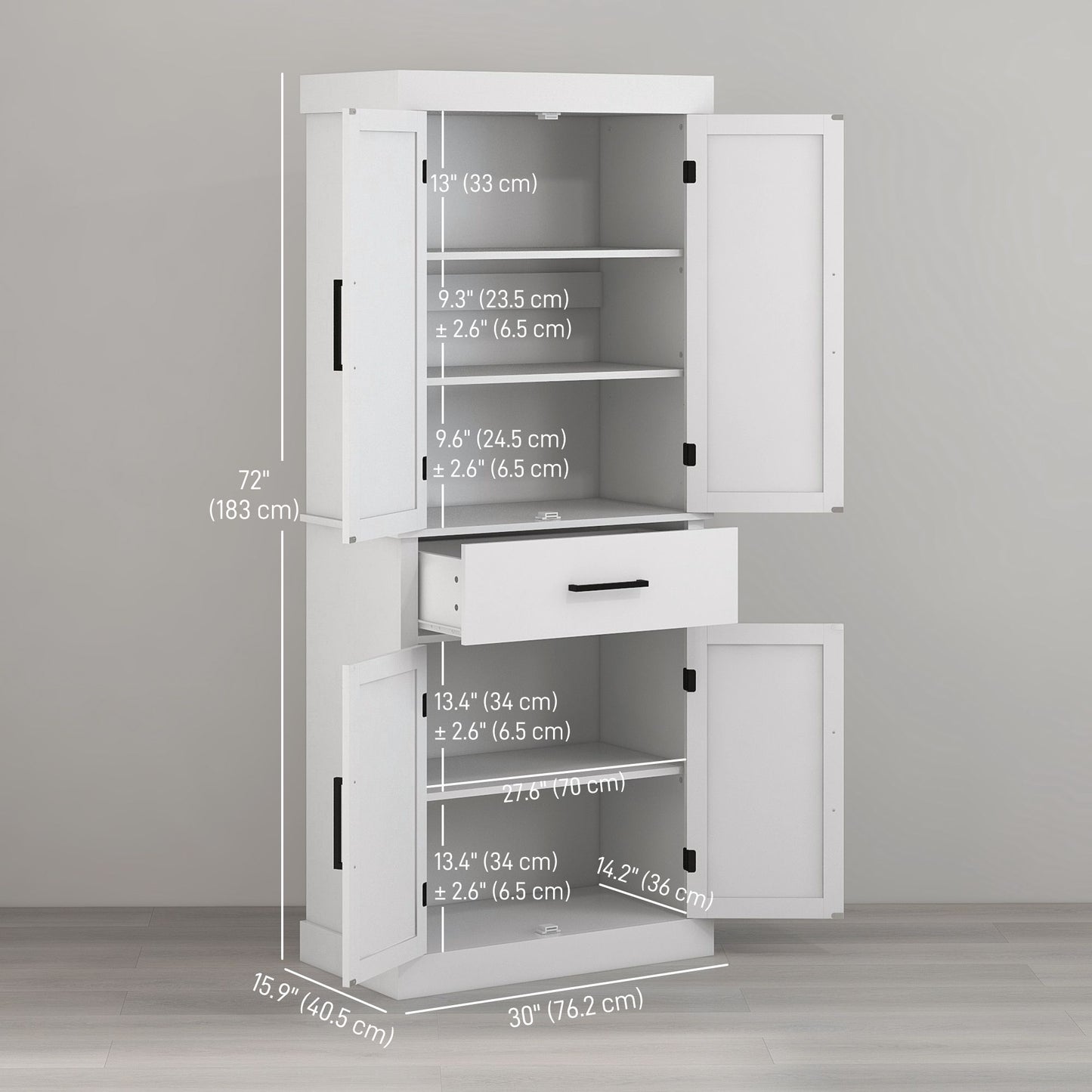 72" Kitchen Storage Cabinet, Farmhouse Kitchen Pantry Cabinet with 4 Barn Doors, Drawer, Adjustable Shelves, White