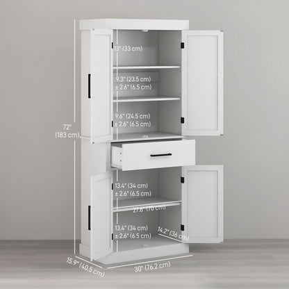 72" Kitchen Storage Cabinet, Farmhouse Kitchen Pantry Cabinet with 4 Barn Doors, Drawer, Adjustable Shelves, White