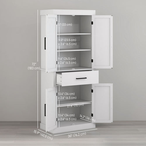 72" Kitchen Storage Cabinet, Farmhouse Kitchen Pantry Cabinet with 4 Barn Doors, Drawer, Adjustable Shelves, White