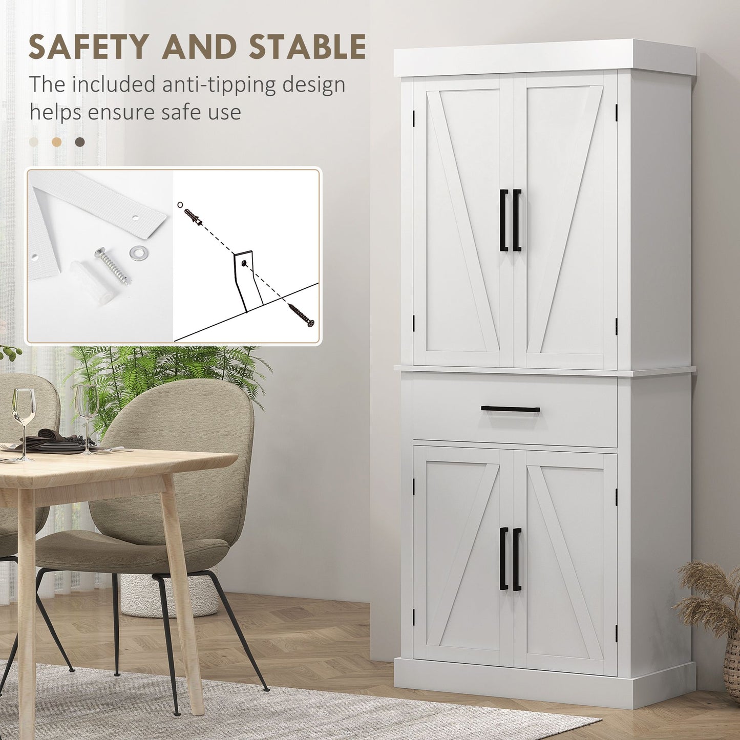 72" Kitchen Storage Cabinet, Farmhouse Kitchen Pantry Cabinet with 4 Barn Doors, Drawer, Adjustable Shelves, White