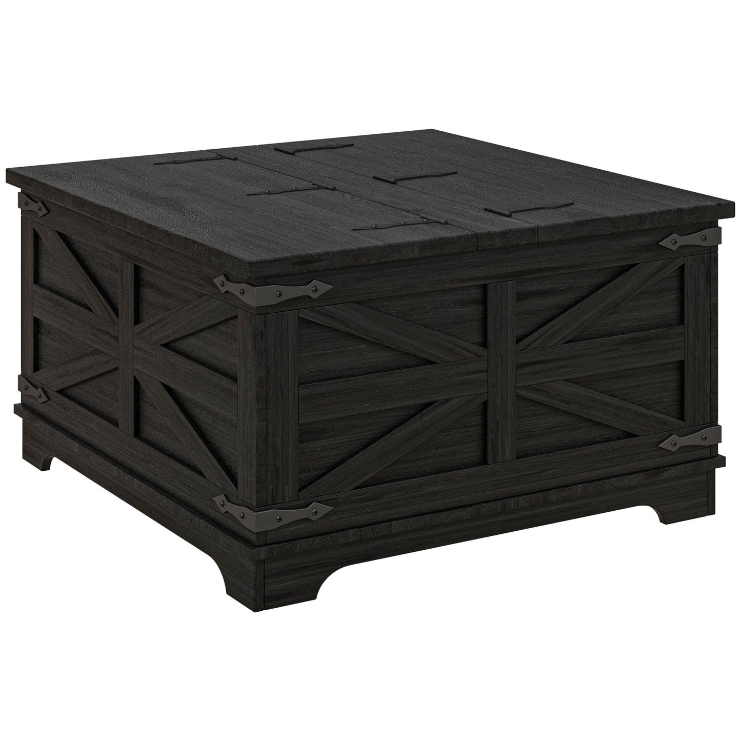 Farmhouse Coffee Table, Square Center Table with Flip-top Lids, Hidden Storage Compartment, Black