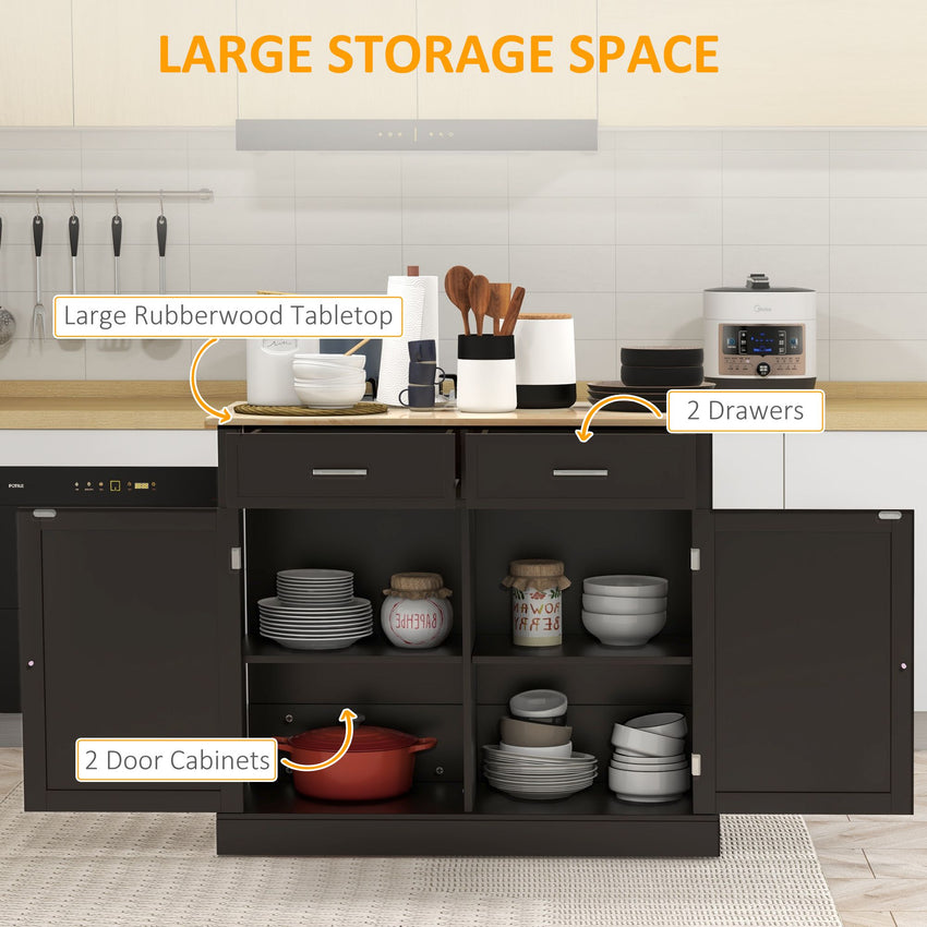 Kitchen Island with Drop Leaf, Rolling Kitchen Cart with 2 Drawers, Adjustable Shelves and Wood Countertop, Black