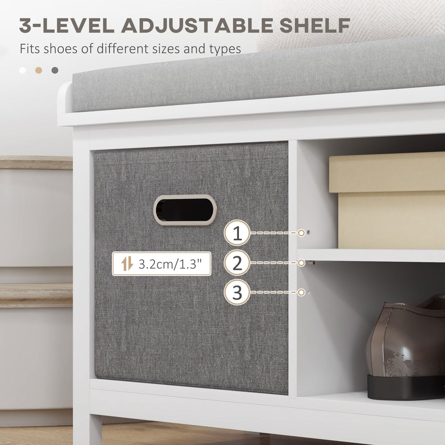 Shoe Storage Bench with Seat, Entryway Bench Seat with Cushion, 2 Drawers and Adjustable Shelf for Hallway, White