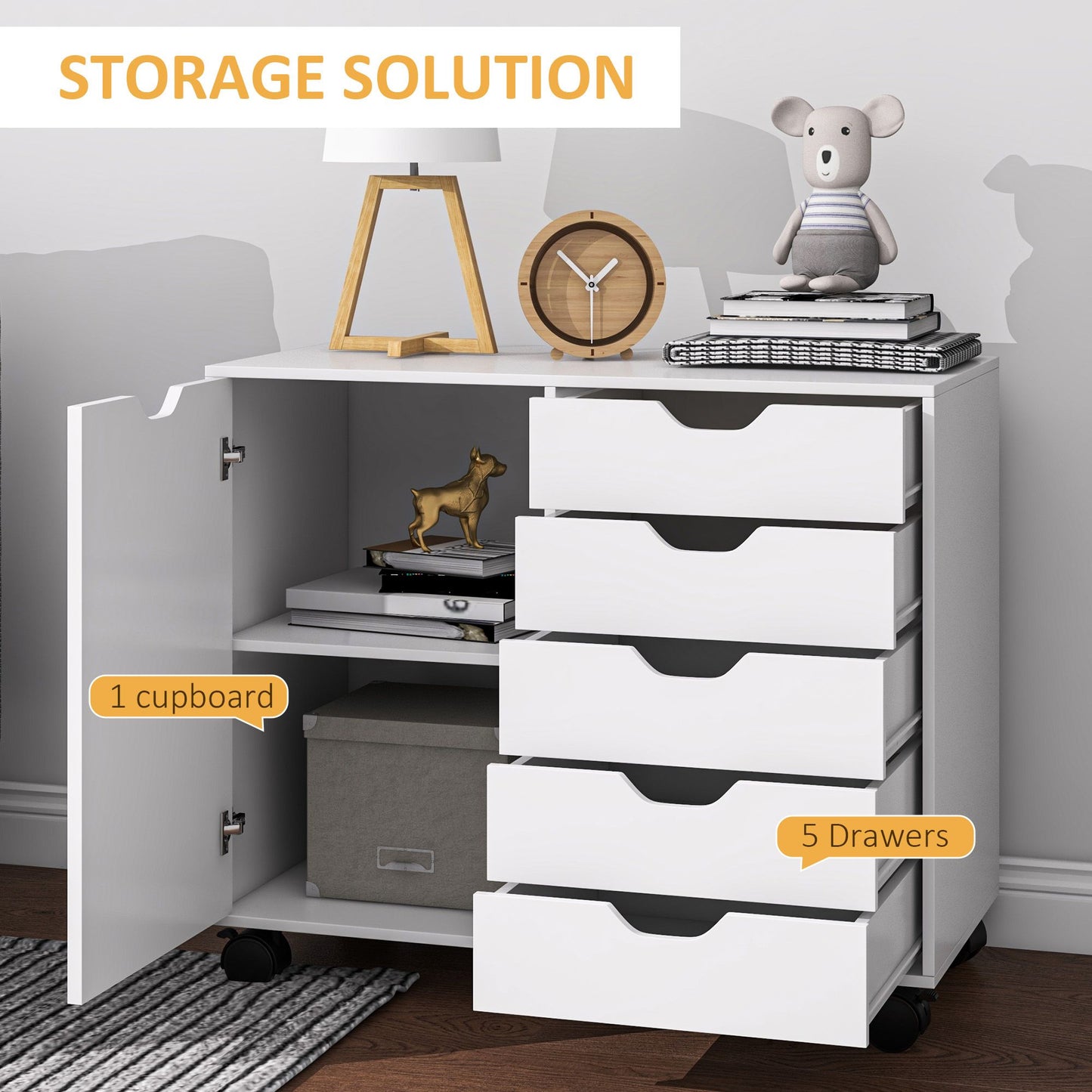Mobile Filing Cabinet with 5 Drawers, Door and Adjustable Shelf, Rolling File Cabinet, Printer Table for Study