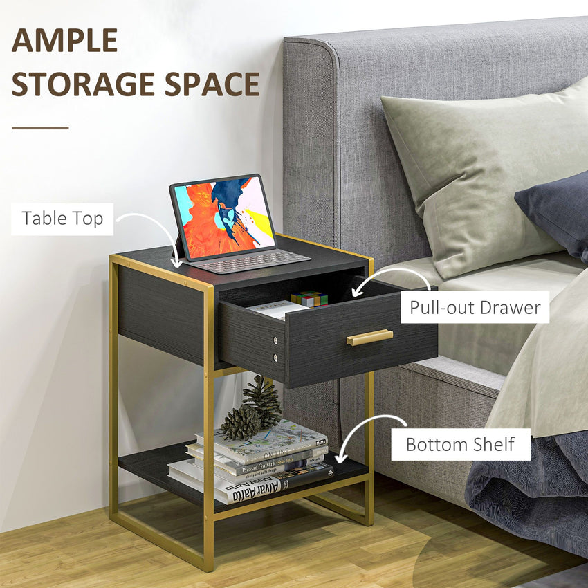 Modern Nightstand Set Of 2, Small Bedside Table with Drawer, Shelf and Steel Frame for Bedroom, Black