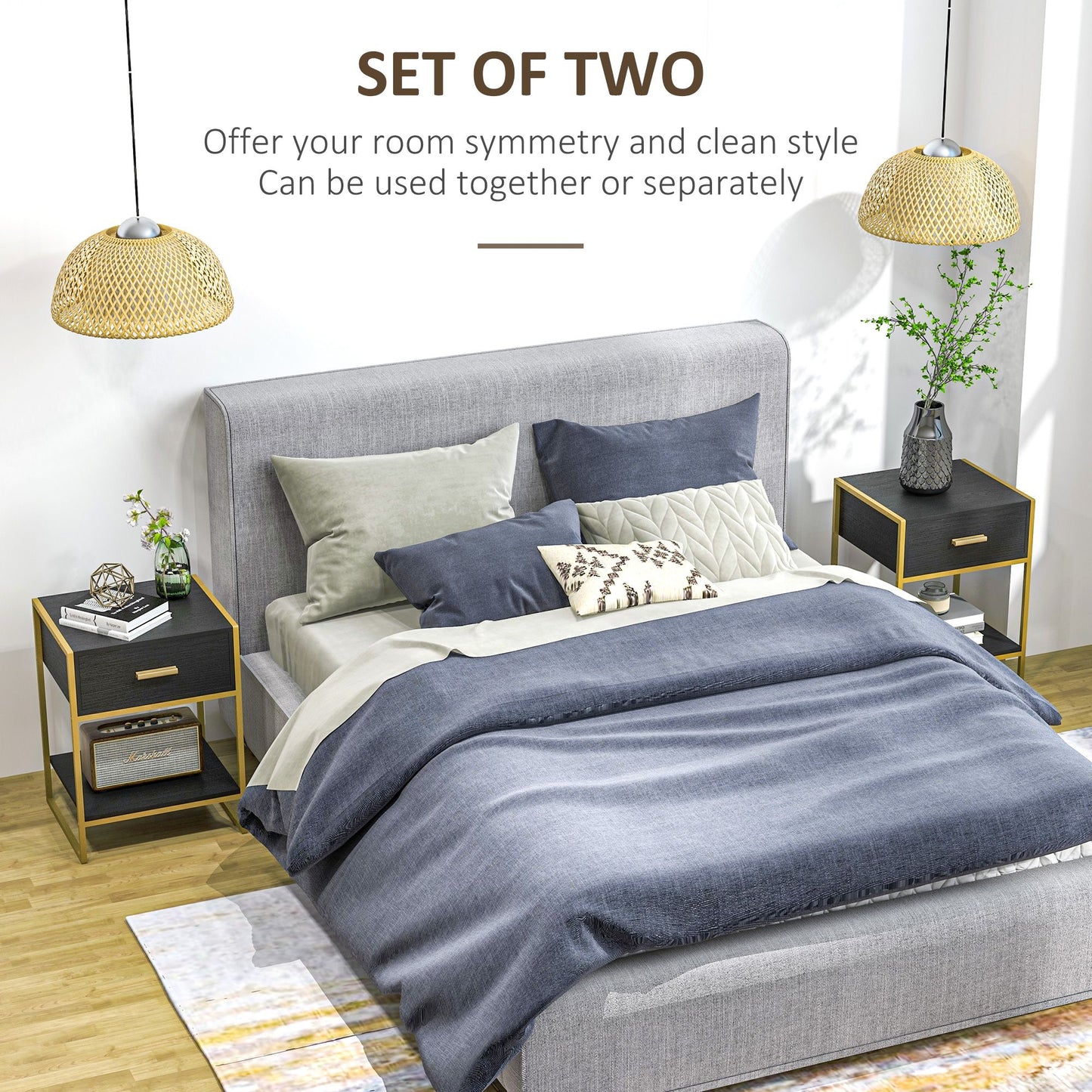 Modern Nightstand Set Of 2, Small Bedside Table with Drawer, Shelf and Steel Frame for Bedroom, Black