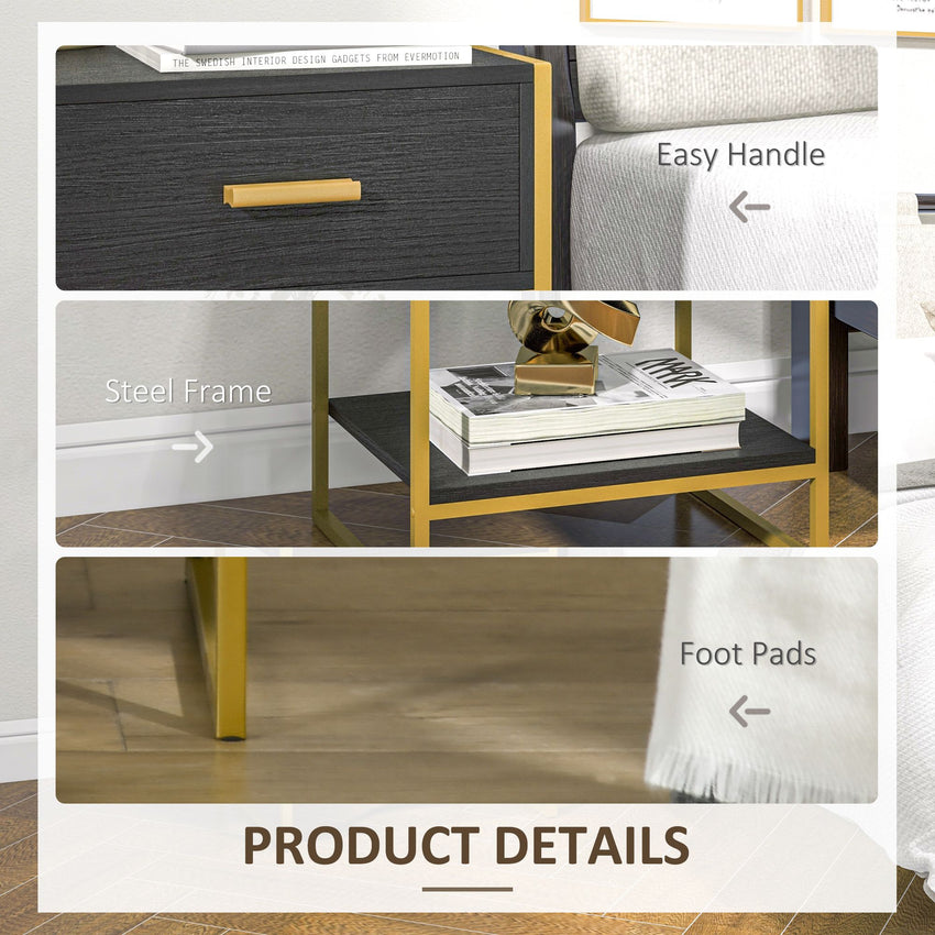 Modern Nightstand Set Of 2, Small Bedside Table with Drawer, Shelf and Steel Frame for Bedroom, Black