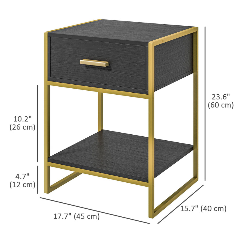 Modern Nightstand Set Of 2, Small Bedside Table with Drawer, Shelf and Steel Frame for Bedroom, Black