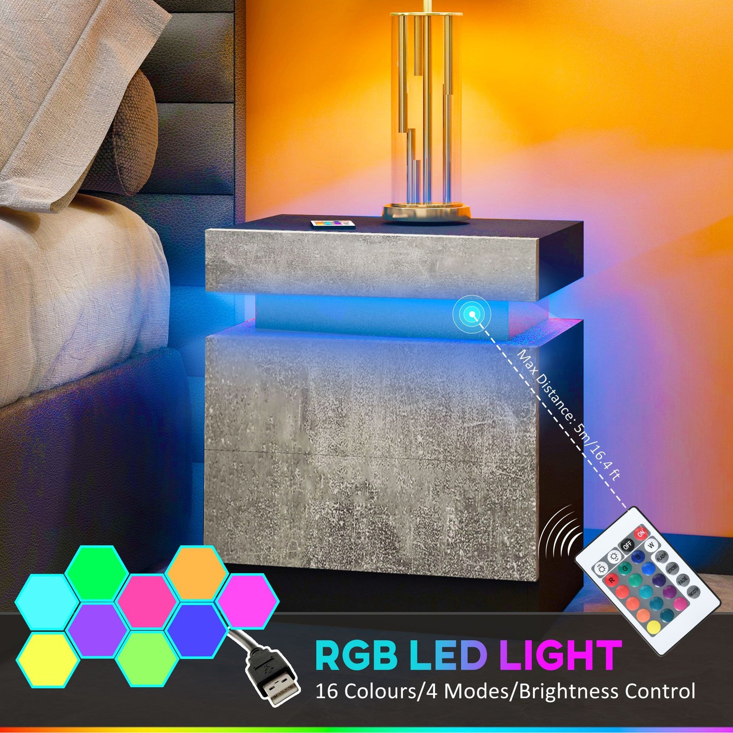 Nightstand, Bedside Table with LED Lights and 2 Drawers for Bedroom, Living Room, Cement Grey