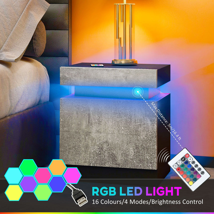 Nightstand, Bedside Table with LED Lights and 2 Drawers for Bedroom, Living Room, Cement Grey