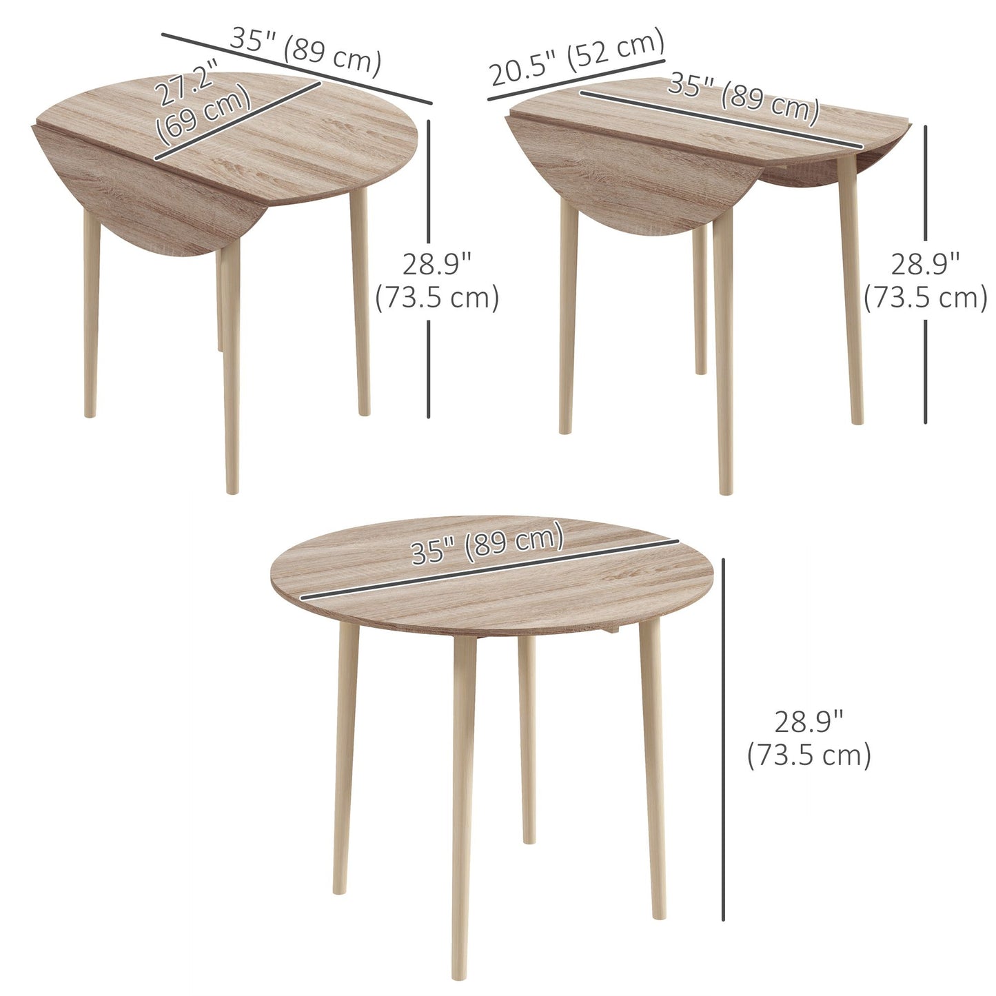 Folding Dining Table, Round Drop Leaf Kitchen Table for Small Spaces with Wood Legs, Oak