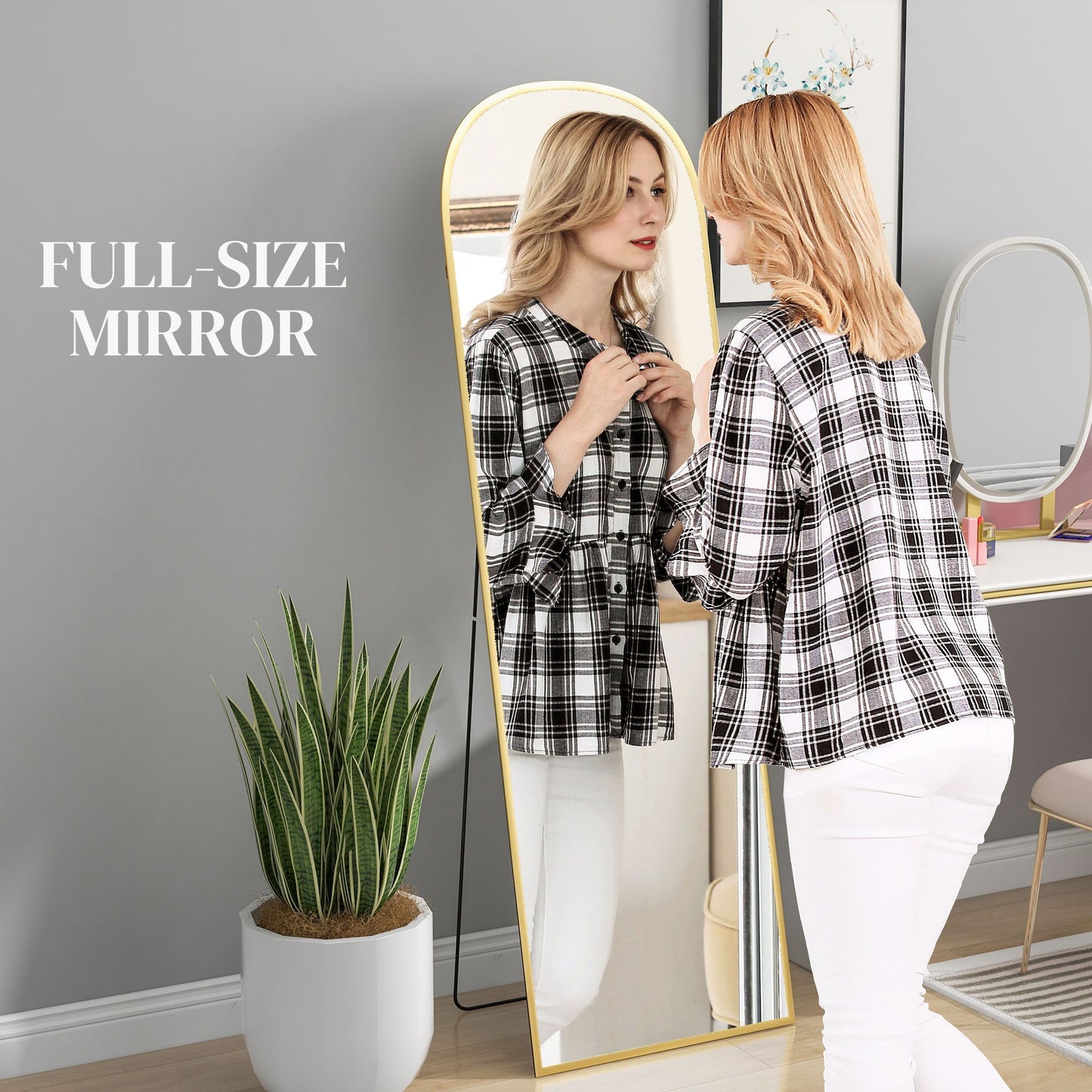 Arched Standing Mirror, 64" x 20" Full Length Mirror, Free Standing or Wall Mounted for Living Room, Bedroom, Gold