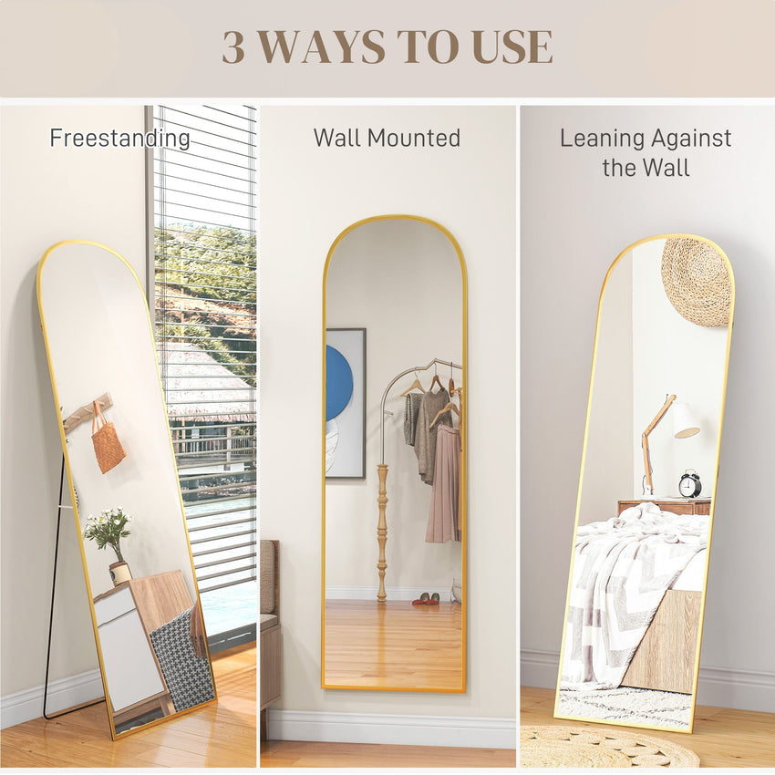 Arched Standing Mirror, 64" x 20" Full Length Mirror, Free Standing or Wall Mounted for Living Room, Bedroom, Gold