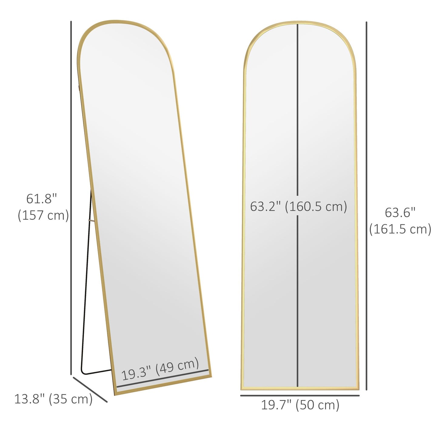 Arched Standing Mirror, 64" x 20" Full Length Mirror, Free Standing or Wall Mounted for Living Room, Bedroom, Gold
