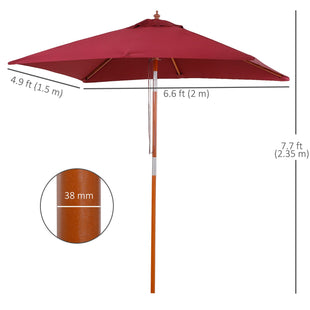 6.6x5ft Square Market Parasol, Wooden Patio Umbrella with Tilt Mechanism and 6 Bamboo Ribs, Garden Sunshade, Wine Red
