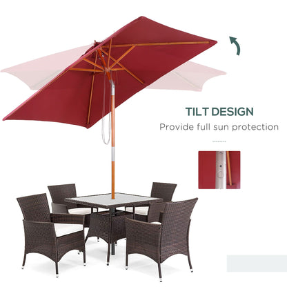 6.6x5ft Square Market Parasol, Wooden Patio Umbrella with Tilt Mechanism and 6 Bamboo Ribs, Garden Sunshade, Wine Red