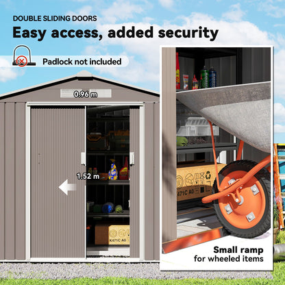 7' x 4' x 6' Metal Storage Shed Outdoor Patio Metal Tool Storage House w/ Foundation Kit and Double Doors Light Brown