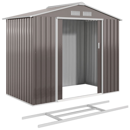 7' x 4' x 6' Metal Storage Shed Outdoor Patio Metal Tool Storage House w/ Foundation Kit and Double Doors Light Brown