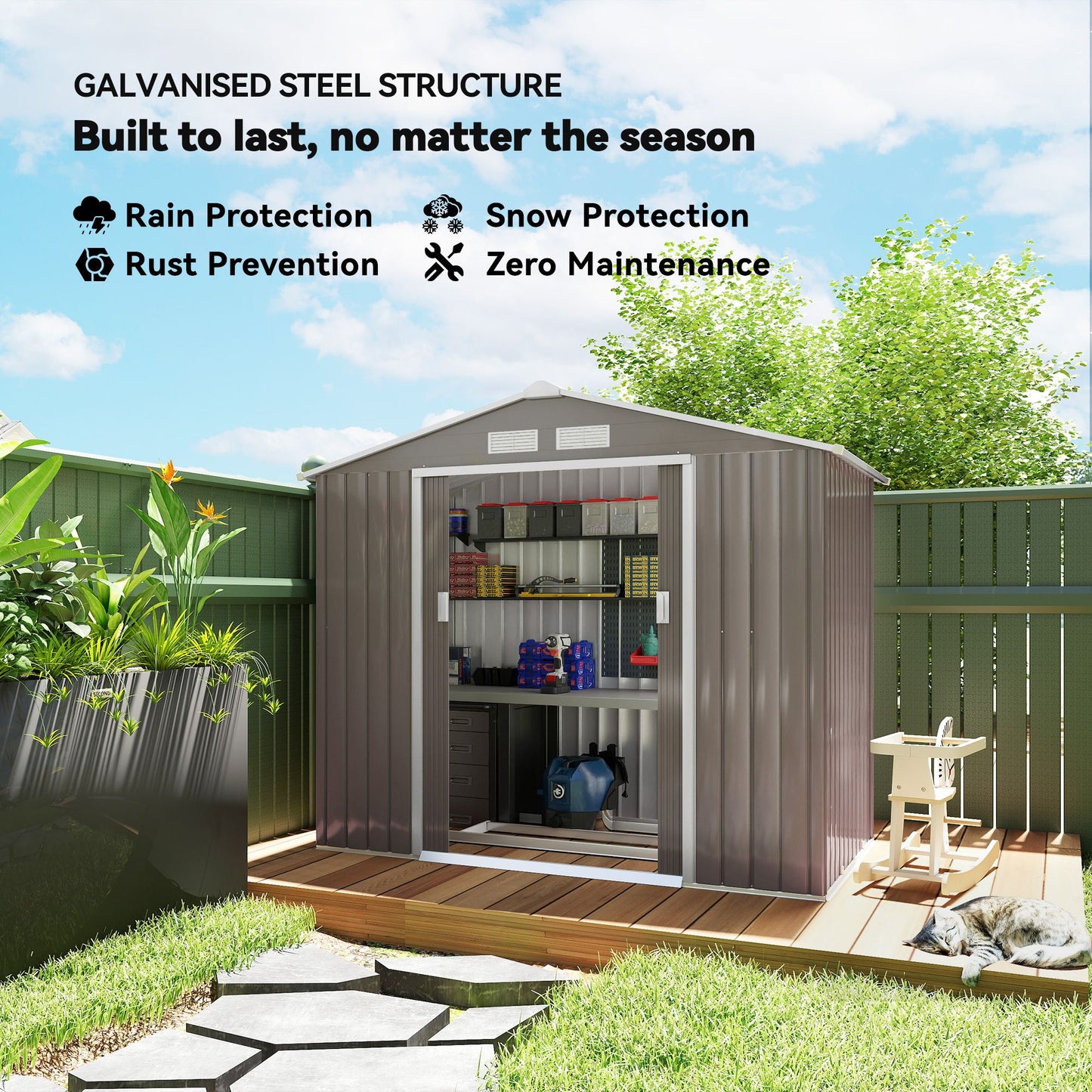 7' x 4' x 6' Metal Storage Shed Outdoor Patio Metal Tool Storage House w/ Foundation Kit and Double Doors Light Brown