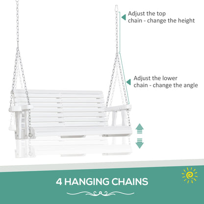 2 Seater Porch Swing Wooden Patio Swing Chair Seat with Cup Holder and Chains Outdoor Swing Bench for Garden Yard, White